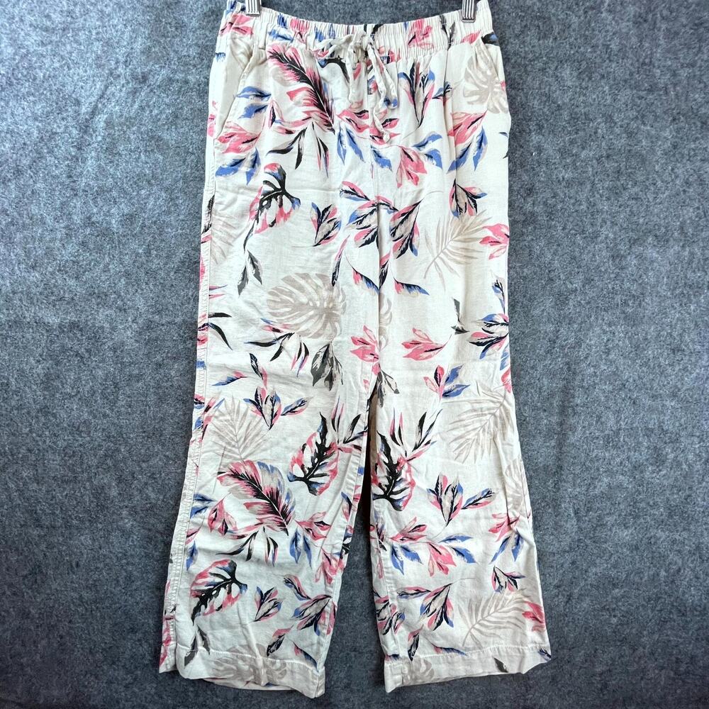 Briggs New York Pants Womens Small Beige Tropical Linen Blend Wide Leg Pull On